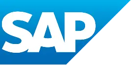 SAP company logo with white letters on a blue triangular background.